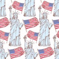 Sketch Statue of Liberty and flag, seamless pattern