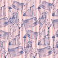Sketch Statue of Liberty and flag, seamless pattern