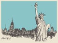 Sketch of the statue of liberty and the panorama of new York Royalty Free Stock Photo