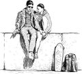 Sketch of student couple in love sitting on river embankment