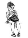 Sketch of student girl sitting on park bench with her smartphone Royalty Free Stock Photo