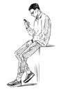 Sketch of young man sitting and looking at his smartphone Royalty Free Stock Photo