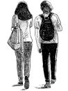 Sketch of students friends couple walking down street