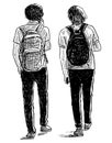 Sketch of students friens walking along urban street Royalty Free Stock Photo