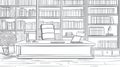 Professional Office Desk and Bookshelf - Line Art Sketch Royalty Free Stock Photo