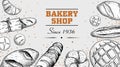 Sketch style bakery poster template. Top view. Bread, buns, loafs, croissant and other bread goods. Hand drawn design for markets