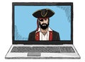 Sketch style colorful computer pirate hacking laptop