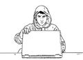 Sketch style doodle of hacker in hoodie opening his laptop