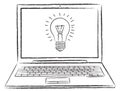 Sketch style doodle of netbook with idea bulb on screen. Hand drawn doodle vector illustration. Royalty Free Stock Photo