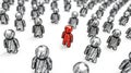 One red figure stands out from a crowd of gray figures. A concept of individuality or standing out Royalty Free Stock Photo