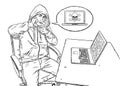 Sketch style illustration of hacker talking on mobile phone and pointing at viewer Royalty Free Stock Photo