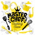 Sketch style master chef cooking class lettering. Sign, logo, emblem. Hand drawn vector illustration. Royalty Free Stock Photo