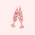 sketch style vector illustration isolated on pink background. Hand drawn glasses with bubbly champagne, cheers Royalty Free Stock Photo
