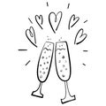 sketch style vector illustration isolated on white background. Hand drawn glasses with bubbly champagne, cheers Royalty Free Stock Photo