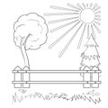 Sketch, summer landscape with a fence with sun and tree, coloring book, isolated object on white background, cartoon illustration Royalty Free Stock Photo