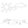 Sketch, summer landscape with sun, field and trees, coloring book, isolated object on white background, cartoon illustration, Royalty Free Stock Photo