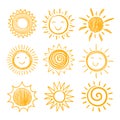 Sketch sun icons. Hand drawn sunshine. Summer morning sunrise. Doodle vector warming symbols isolated