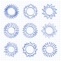 Sketch sun icons, Hand drawn sunshine symbols. Cute doodle suns Royalty Free Stock Photo