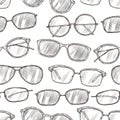 Sketch sunglasses seamless pattern. Hand drawn beach glasses 80s retro vector texture