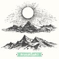 Sketch sunrise mountains engraving drawn vector Royalty Free Stock Photo