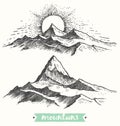 Sketch sunrise mountains engraving drawn vector