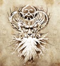 Sketch of tattoo art, monster mask with white fire Royalty Free Stock Photo