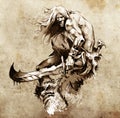 Sketch of tattoo art, warrior fighting