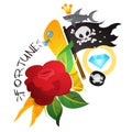 Sketch of tattoo with a dagger and roses. Illustration for coloring with the Jolly Roger. Drawing from a pirate and flowers for de Royalty Free Stock Photo