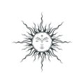 Sketch tattoo mystical boho sun with face. Magical vector isolated illustration on white background