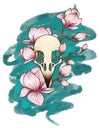 Sketch for tattoo skull with flowers contour in the style of graphics Royalty Free Stock Photo