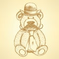 Sketch Teddy bear in hat and tie with mustache, backgroun