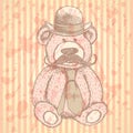 Sketch Teddy bear in hat and tie with mustache, vector background