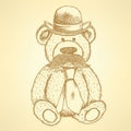 Sketch Teddy bear in hat and tie with mustache, vector background