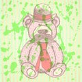 Sketch Teddy bear in hat and tie with mustache, vector background