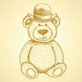 Sketch Teddy bear in hat, vector background