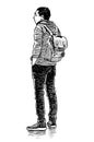 Sketch of teen student with backpack standing in wait outdoors
