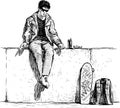 Sketch of teen student sitting on embankment for relaxation Royalty Free Stock Photo
