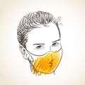 Sketch of teenage girl portrait in orange face mask for Coronavirus protection. Looking straight