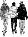 Sketch of teenage girls students walking together outdoors