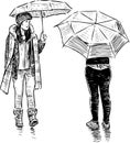 Sketch of teens girls meeting in the rain