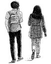 Sketch of students couple walking along street