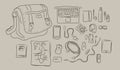 Sketch of things inside bag, from laptop to headphone, book, magazine all in vector Royalty Free Stock Photo