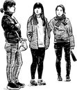 Sketch of three modern students girls standing outdoors and talking