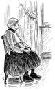 Sketch of tired senior woman sitting on chair and looking at window