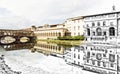 From sketch to the Florence city - Beautiful Ponte Vecchio, Vasari Corridor and Uffizi Gallery are mirrored in the river Arno, It Royalty Free Stock Photo