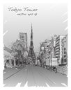 Sketch of Tokyo Tower with cityscape and walkstreet, free hand