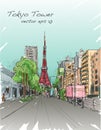 Sketch of Tokyo Tower with cityscape and walkstreet, free hand