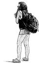 Sketch of a tourist girl with a big backpack standing in a wait