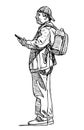 Sketch of tourist man with tablet pc standing and looking