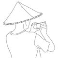 sketch tourist in a triangular hat takes a photo